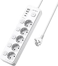 JSVER Enchufe con 5 Tomas y 4 Puertos USB, Regleta con Interruptor Individual, Alargador Múltiple con 2 USB A y 2 USB C, Cable 2m - Blanco