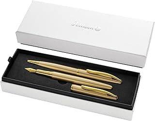 Pelikan, Set de Bolígrafo y Pluma Estilográfica Jazz Nobel Elegance, Diseño Moderno y Sofisticado, Tinta Azul, Con Clip Elástico y Elegante Caja de Regalo, Color Oro