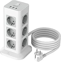 TESSAN Regleta Enchufes Proteccion Sobretension 12 Tomas con 1 USB C y 2 USB A, Torre Regletas Enchufes Vertical con Interruptor, Alargador 2M, 15 en 1 Torre Multiple 3600W para Mesa, Oficina, Casa