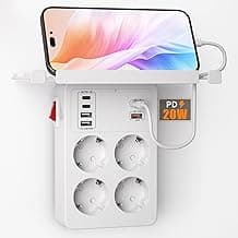 PD20W Ladron Enchufes con Interruptor, Enchufe Multiple con Carga Rápida PD3.0 y QC18W, Regletas Enchufes Pared con 4 Tomas y 6 USB Cargador,Alargador Enchufe Adaptador Tipo C con Estanteria,Blanco
