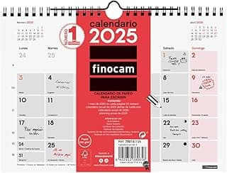 Finocam - Calendario Neutro de Pared para Escribir 2025 Mes Vista Enero 2025 - Diciembre 2025 (12 meses) Español