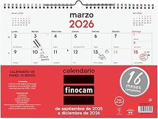 Finocam - Calendario Neutro Pared 16 Meses 2025 2026 Mes Vista Septiembre 2025 - Diciembre 2026 (16 meses) Neutro Español
