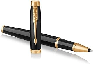 Parker IM Bolígrafo Roller | Punto fino | lacada en negro con adorno dorado | tinta negra | en estuche de regalo
