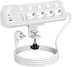 Toma de Mesa con USB C,Regleta Enchufes Proteccion Sobretension,Regleta Escritorio 6 Enchufes con Interruptor Independiente,Enchufe Multiple 6 Tomas con Dispositivo de Sujecióncon y Cable 2M,Blanco