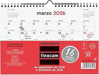 Finocam - Calendario Neutro Pared 16 Meses 2025 2026 Mes Vista Septiembre 2025 - Diciembre 2026 (16 meses) Neutro Español
