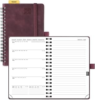 POPRUN Agenda 2025 2026 Pequeña de Bolsillo Espiral 16 x 10,5 cm, Una Página por Semana con Una Página de Notas 17 Meses de Ago.2025 a Dic.2026, 80 GSM Papel, Borgoña Oscuro