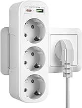 Ladron Enchufes Multiple 3 Tomas USB C, Pared con 3 Clavija Schuko y 2 USB Puertos,Alargador con Cargador,Adaptador Triple Portátil Protección Infantil,Blanco