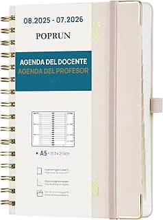 POPRUN Cuaderno del Profesor 2025 2026 A5 - Agenda Docente 25/26 Semana Vista con Pestaña Mensual de Ago.2025 a Jul.2026. Tapa Dura de Cuero Vegano y Papel Grueso de 90 g/m², Beige
