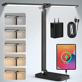 Mefine Flexo LED Escritorio, Cabeza Doble Lampara LED Escritorio 12W con Enchufe, Flexo Escritorio Estudiar 5 Modos y Regulable Brillo, Cuidado Ocular Luz Escritorio USB Negra para Leer Oficina