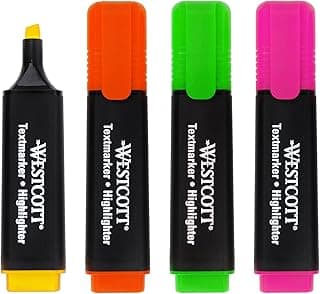 Westcott marcadores resaltadores 4 piezas en verde, amarillo, naranja, rosa | Paquete de 4 highlighter en colores brillantes | 2-5 mm de ancho de línea | tinta premium de Alemania | E-744249 00
