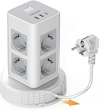 TESSAN Regleta Enchufes con USB C, 11 en 1 Regleta Vertical con Interruptor, Torre Alargador Enchufe con Cable de Extensión Retráctil 2M, 2500W para Hogar, Cocina
