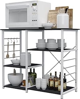 sogesfurniture Estantería de Cocina, Estante para microondas, Armario de Cocina, Nivel de Apoyo de Cocina, Estante Abierto de pie con Ganchos, 90 x 40 x 83 cm, Estructura metálica, Nogal Negro