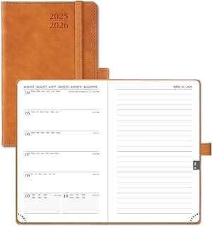 POPRUN Agenda 2025 2026 Pequeña de Bolsillo 16 x 10,5 cm, Una Página por Semanal con Una Página de Notas 17 Meses de Ago.2025 a Dic.2026, 80 GSM Papel, Marrón