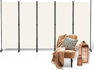 Yugodex Biombo separador de ambientes, plegable, independiente, biombo, con ruedas, vestuario, privacidad, separador de habitaciones, 5 piezas, 284 x 181 cm, biombo para balcón, oficina, salón (beige)