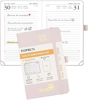POPRUN Agenda 2025 2026 Dia Por Pagina Pequeña, Diaria 12 Meses 16 x 10,5 cm con Tapa Dura, Banda Elástica, 80 GSM Papel, Rosa Claro