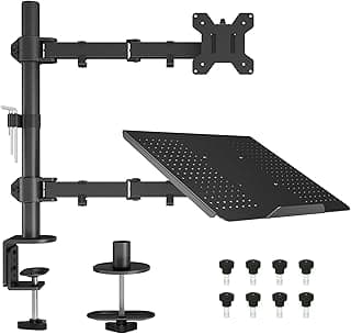 BONTEC Soporte Monitor y Portatil para Pantallas de LED LCD de 13-27 Pulgadas y Ordenador Portátil hasta 17 Pulgadas, Soporte de Monitor con Bandeja con Inclinable y Giratorio, MAX VESA 75/100mm