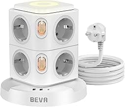 BEVA Regleta Enchufes Vertical, Ladron Enchufes con Luz Nocturna Regulable y Protección contra Sobrecargas, Torre Enchufes de 8 Tomas Corrientes y 3 Rápida USB Tomas, 2500W/10A, 2M Cable