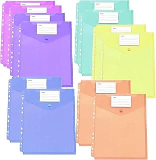 12 Pcs Carpetas Archivadoras, 6 Colores Carpeta Fundas Plastico A4, Portafolios con Botones y Bolsillo Etiquetas, Bolsillos Perforados Transparentes, Portadocumentos Oficina (Vertical, Multicolor)