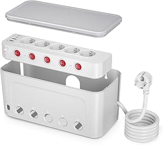 Caja Organizadora de Cables con Regletas Enchufes,Enchufe Multiple con Interruptor,Ladron Enchufes 5 Tomas y 4 USB,Caja Para Guardar Gestión de Cables Pared con Regleta 1,5M Cable,29*14*14CM,Blanco