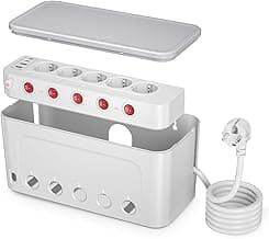 Caja Organizadora de Cables con Regletas Enchufes,Enchufe Multiple con Interruptor,Ladron Enchufes 5 Tomas y 4 USB,Caja Para Guardar Gestión de Cables Pared con Regleta 1,5M Cable,29*14*14CM,Blanco