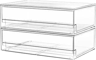 A-Lugei 2 Piezas Ancho Apilables Organizador Cajones, Transparente Cajonera Plastico Organizador Cajones Baño, Caja De Almacenamiento Con Tapa Para Maquillaje Cosméticos Cocina Refrigerador Oficina