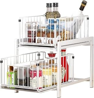 YunNasi Almacenaje Bajo fregadero 2 Niveles Organizador con cestas deslizantes Especiero con 2cajones Acero inoxidable Organizador para Cocina,Baño,Oficina (Regular, BlancoBlanco)