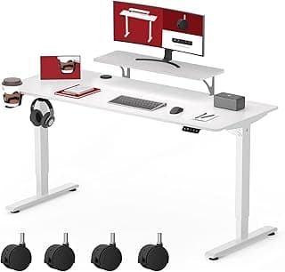 SANODESK SQ1 Escritorio Elevable Eléctrico 120 x 60 cm, Standing Desk, Mesa de Pie con Soporte para Monitor, 4 Ruedas, Tablero Telescópico Bidireccional y Función de Memoria - Blanco