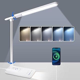 ErayLife Lámpara Escritorio, Flexo LED Escritorio con 6 Niveles de Brillo y 5 Modos, Control Táctil, Temporizador y Función de Memoria, Puerto USB Lámpara de Mesa para Trabajo Estudio Lectura Blanco