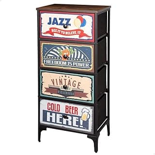 AKTIVE Max Home Cómoda dormitorio multiusos, Gráficos retro y vintage, 4 cajones de tela ligeros, 45x30x89 cm, Estructura acero, Tablero madera, Mesitas de noche, Muebles de salón (18401)