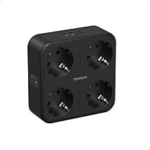 TESSAN Ladron Enchufes Plano con USB C, 4000W Enchufe Multiple con 4 Tomas CA, 7 en 1 Ladron con Interruptor, Ladrón Enchufe con 3 USB para Hogar, Oficina, Compatible con Teléfonos, Tabletas, Negra