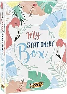 BIC My Stationery Box, Multipack de 28 Unidades para Regalo, 10 Rotuladores, 6 Bolígrafos, 4 Subrayadores, 1 Corrector de Cinta, 5 Rotuladores Permanentes, 2 Blocs de Notas Adhesivas y 1 Cuaderno A5.