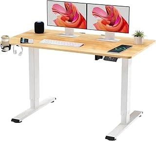 SANODESK QS Escritorio Elevable Eléctrico 110x60 cm, con Controlador de Pantalla Digital y Memoria, Gancho para Auriculares y Soporte para Bebidas, Escritorio Ergonómico para Oficina y Hogar - Arce
