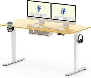 FLEXISPOT QE Pro Escritorio Elevable Eléctrico 140x60cm, Mesa Elevable con 2 Ganchos, Portavasos y Organizador de Cables, 4 Función de Memoria, Standing Desk para Oficina & Hogar y Teletrabajo, Arce