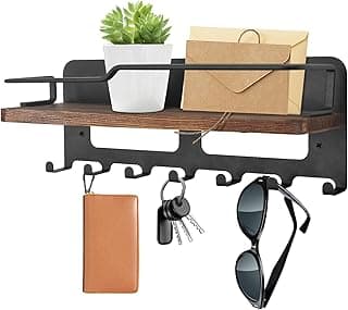 Yiomxhi Colgador Llaves Pared con Estante y 7 Ganchos, Portallaves Cuelga Llaves de Madera, Organizador Llaves Soporte Cartas, Llavero para Entrada, Cocina, Oficina (Negro)