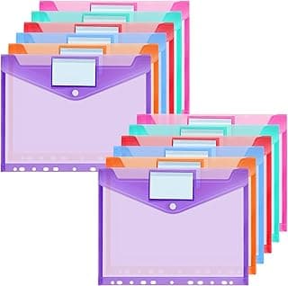 OFFCUP Sobre Portafolios para Carpetas, 12pcs Carpetas Plastico A4 con 11 Agujeros y Bolsillo para Etiqueta, Fundas para Carpetas Plastico A4 Sobres Plastico Fundas Plastico para Documentos (Delgado)