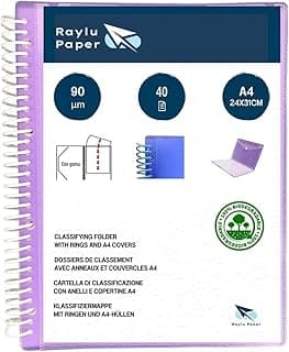 Raylu Paper® – Carpeta clasificadora con anillas con fundas transparentes A4 de 90 micras y sobre con cierre de velcro, tapa personalizable. Carpeta de fundas 100 % biodegradable. (40 Fundas, Violeta)