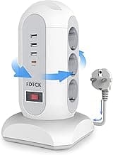 FDTEK Torre Regletas Enchufes 9 Tomas AC con 3 USB-A y 1 USB-C Regleta Vertical con Cable Retráctil 1,65 m, Ladron Enchufe Multiple con Interruptor y Protección Sobrecargas para Oficia Casa, 2500W/10A