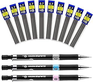 ANTHYTA Juego de Portaminas 0.7 HB 3PCS Lápices Mecánicos con Borradores y 10 Cajas de Mina de Lápiz Recambios Lápices Mecánicos con Recargas para Escritura Dibujo
