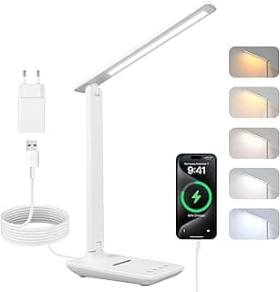 Carehabi Potente lámpara de escritorio - 5 modos de color y 5 niveles de brillo - Rotación en 3 ejes - Protección ocular - Lámpara de lectura con puerto USB y función de memoria