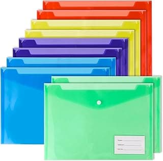 Pack de 10 Carpetas Fundas Plástico A4 con Bolsillo para Etiquetas, Archivadores Plásticos para Almacenamiento Eficiente, Versátiles para Escuela, Oficina, Hogar y Viajes.