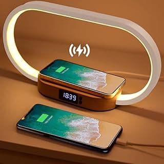 Wanjiaone Lámpara led de Mesita de Noche, Cargador Inalámbrico 15W y USB, Táctil Regulable con 3 Niveles de Brillo, Lámpara Moderna con Reloj para Escritorio, Dormitorio