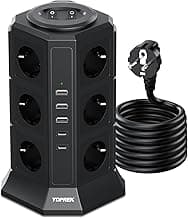 TOPREK Regletas Enchufes Vertical con 2 Interruptor, 12 Schuko, 2 USB C y 3 USB A, 4000W/16A, Regleta Torre Enchufe con Cable 2M, Regleta Enchufes Proteccion Sobretension, Negro