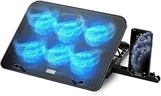 NK Base Refrigeradora Portátil - Ventilador Ordenador Portatil de 12-17" con Soporte Ajustable 5 Alturas, 6 Ventiladores Silenciosos, 2 Puertos USB, Refrigeración Rápida, Luz LED Azul - Color Negro