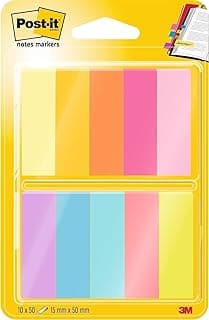 Post-It Mininotas, Paquete de 10 Blocs de Notas Adhesivas, 50 Marcadores por Bloc, 12.7x44.4 mm, Amarillo, Naranja, Rosa, Morado, Azul, Verde, Marcapáginas Para Señalar, Resaltar o Colorear