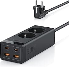 TESSAN Ladron Enchufes con USB C PD 30W, GAN USB C Carga Rapida, 6 en 1 Multiple con Alargador 2 Metros, Regletas Enchufes con Proteccion Sobretension, 3600W, Negro