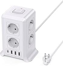 Torre Regletas Enchufes, Regleta USB 8 Tomas de AC y 4 USB Enchufe Multiple, 2500W/10A,Regleta Enchufes Proteccion Sobretension,2M Regreltas Vertical con Interruptor para,Casa, Mesa, Oficia, Blanco