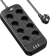JSVER Regleta Enchufes USB, Proteccion Sobretension con 8 Toma de Corriente y 4 Puertos(5V3,4A) Estación de Carga Inteligente Tomas Alargadora con Cable 1.8m-Negro