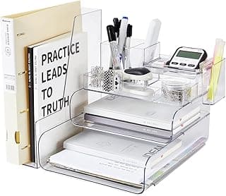 Organizador de bandeja de papel para cartas con soporte para archivos, accesorios de escritorio de 3 niveles y organizadores de escritorio para espacio de trabajo con 1 soporte para bolígrafos para