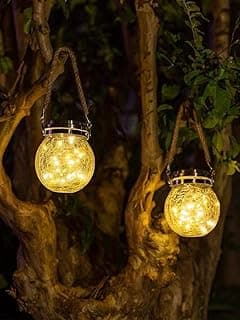 BEL AIR HOME - Pack 2 Colgantes Solares de Cristal - Luz Led 3000K IP65 - Decoración Exterior con 30 Luces LED Cálidas - Sensor de Luz Automático - Ideal para Patio, Jardín y Porches
