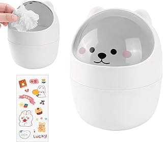 Wisebom Mini Papelera Escritorio con Tapa Mini Cubo de Basura de Escritorio Pequeño Bote de Basura Papelera de Mesa Portátil Mini Cubo de Basura de Mesa con Linda Pegatina para Casa Oficina